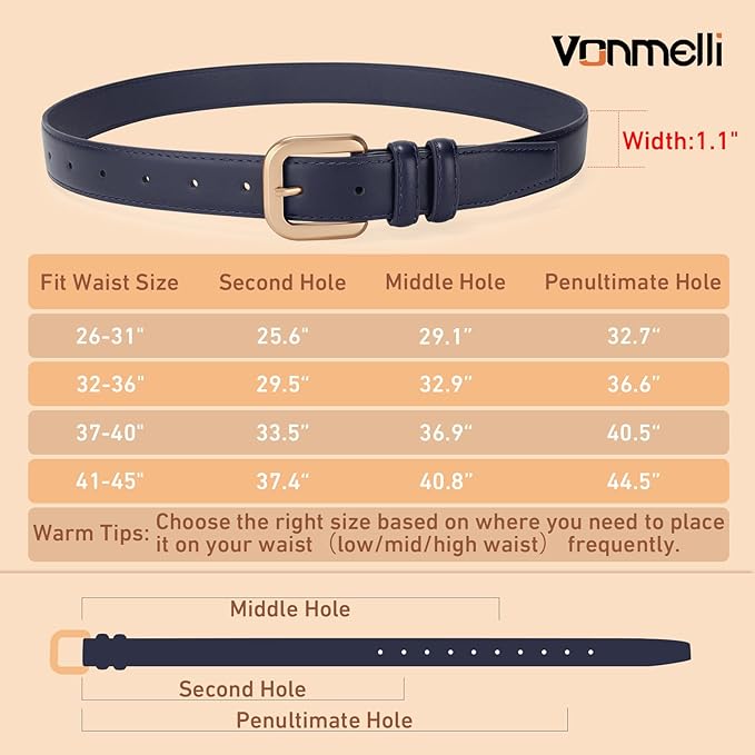 VONMELLI Leather Belts for Women Fashion Wasit Ladies Belt for Jeans Pants Dresses with Pin Buckle