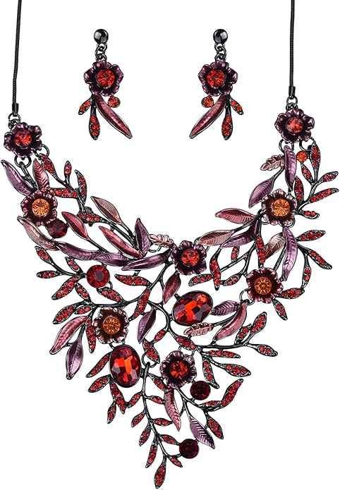 Vintage Women Beautiful Crystal Flower Enamel Blossom Flower Collar Bib Statement Necklace and Earrings Set for Women Wedding Bridal Prom