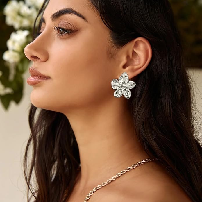 Gold Flower Statement Earrings for Women, 14K Gold Plated Large Irregular Leaf Floral, Big Chunky Dangle Earrings Set