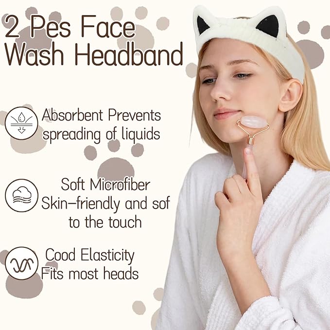 2 Pcs Ultra Soft Cat Ear Headband, Spa and Makeup Headbands for Women, Plush Coral Fleece Blend Headbands for Facial Care, Cute Hair Accessories Gift