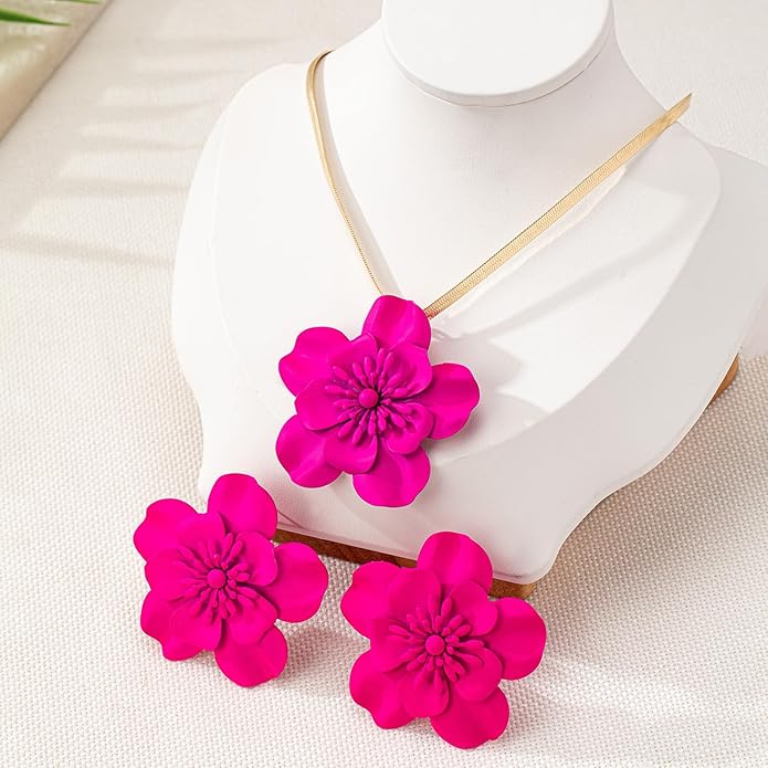 Vintage Flower Necklace Earring Set Gold Snake Chain Necklace Bohemian Red Flowers Choker Necklaces Hypoallergenic Statement Flower Stud Earrings Elegant Bridal Wedding Summer Beach Jewelry