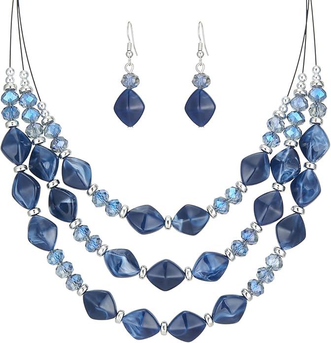 3 Layered Chunky Statement Necklace for Women Beaded Strand Necklaces with Earring Fashion Costumes Collar Necklace Jewelry Sets Gifts for Women