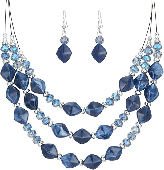 3 Layered Chunky Statement Necklace for Women Beaded Strand Necklaces with Earring Fashion Costumes Collar Necklace Jewelry Sets Gifts for Women