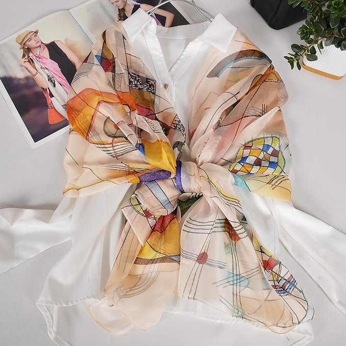 100% Mulberry Silk Women's Neck Silk Scarf-Lightweight Shawl,FLoral Print Beach Silk Wrap-Scarves for Photography