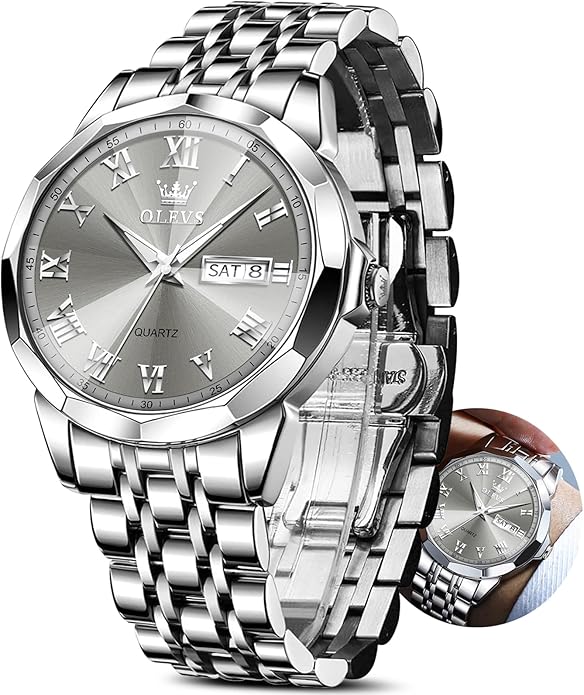 OLEVS Classic Men Watches with Date,Stainless Steel Man Watch with Date, Bussiness Watches for Men,Luminous Quartz Mens Watches Black/White/Blue/Gold, Waterproof Male Watch with Week