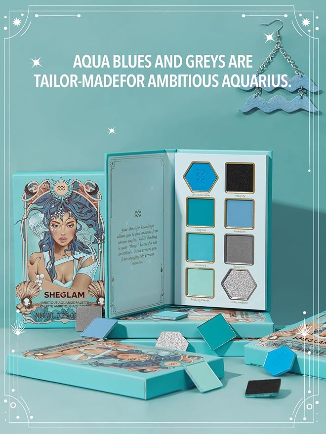 SHEGLAM Glitter Metallic Eyeshadow Palette 8-Color High Pigment Silver Blue Long Wearing Horoscope Collection Eye Shadow Palette - Ambitious Aquarius