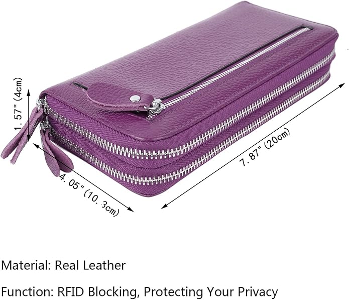 YALUXE Real Leather Zip Around Wallet RFID Blocking Wristlet Handbag Purse Clutch with Double Zipper Pockets