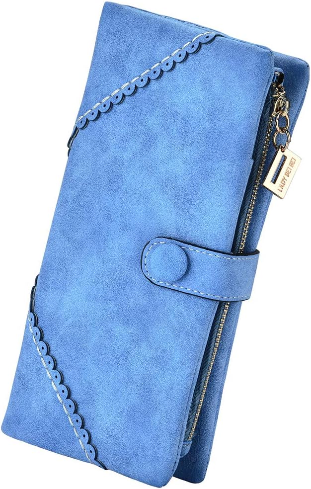 Women's Genuine Leather Bifold Clutch Wallet Large Capacity Card Organizer with Buckle Closure in Candy Colors (Blue)