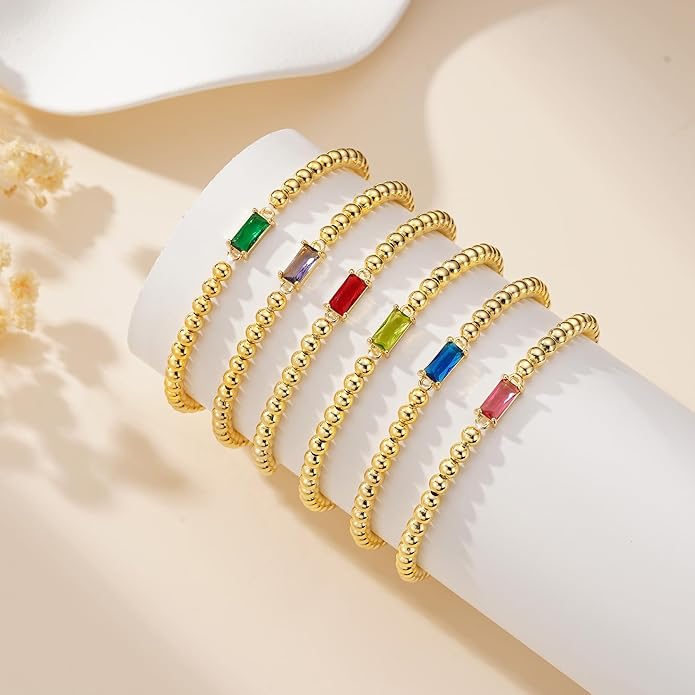Yoosteel Dainty Birthstone Bracelet for Women - Elastic 14K-Gold-Plated Bead Bracelets Trendy Friendship Birthday Jewelry Gifts for Women