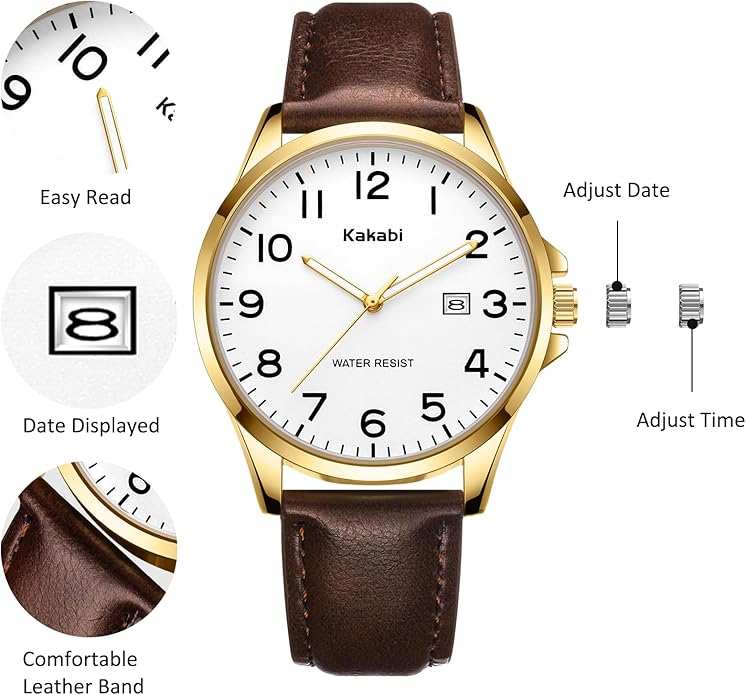 Watch for Men, Fashion Minimalist Wrist Watch Waterproof Quartz Analog Date with Leather Strap