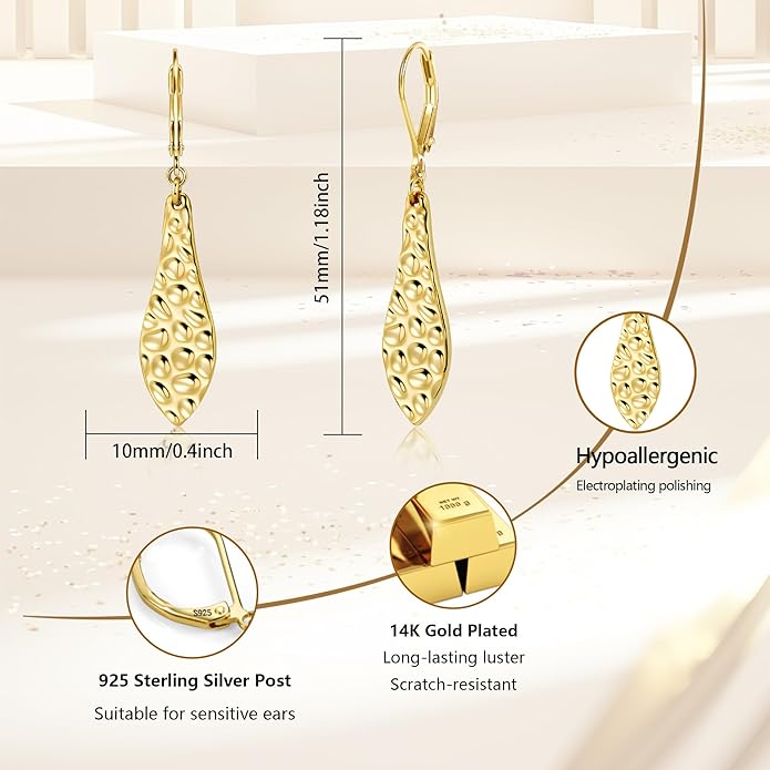 ALEXCRAFT 925 Sterling Silver Dangle Earrings for Women, 14K Gold Plated French Leverback Earrings, Hypoallergenic Lightweight Statement Hammer Square Bar Long Drop Earing for Women Trendy Jewelry