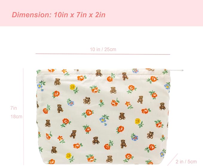 PAZIMIIK Floral Makeup Bag Large Cotton Zipper Pouch for Purse Travel Canvas Make Up Organizer for Women Cosmetic,Flower Bear White