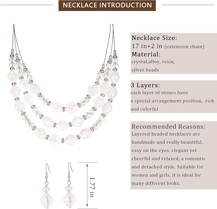 3 Layered Chunky Statement Necklace for Women Beaded Strand Necklaces with Earring Fashion Costumes Collar Necklace Jewelry Sets Gifts for Women