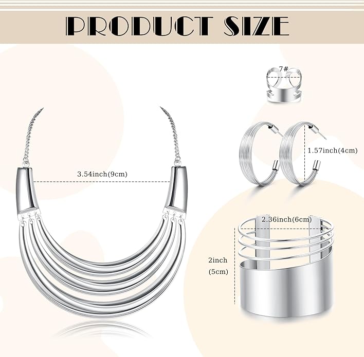 JOERICA Bib Choker Necklace Silver Gold Jewelry Set Wide Cuff Bangle Bracelet Open Hoop Earrings Adjustable Ring Chunky Silver Gold Statement Costume Jewelry Set for Women