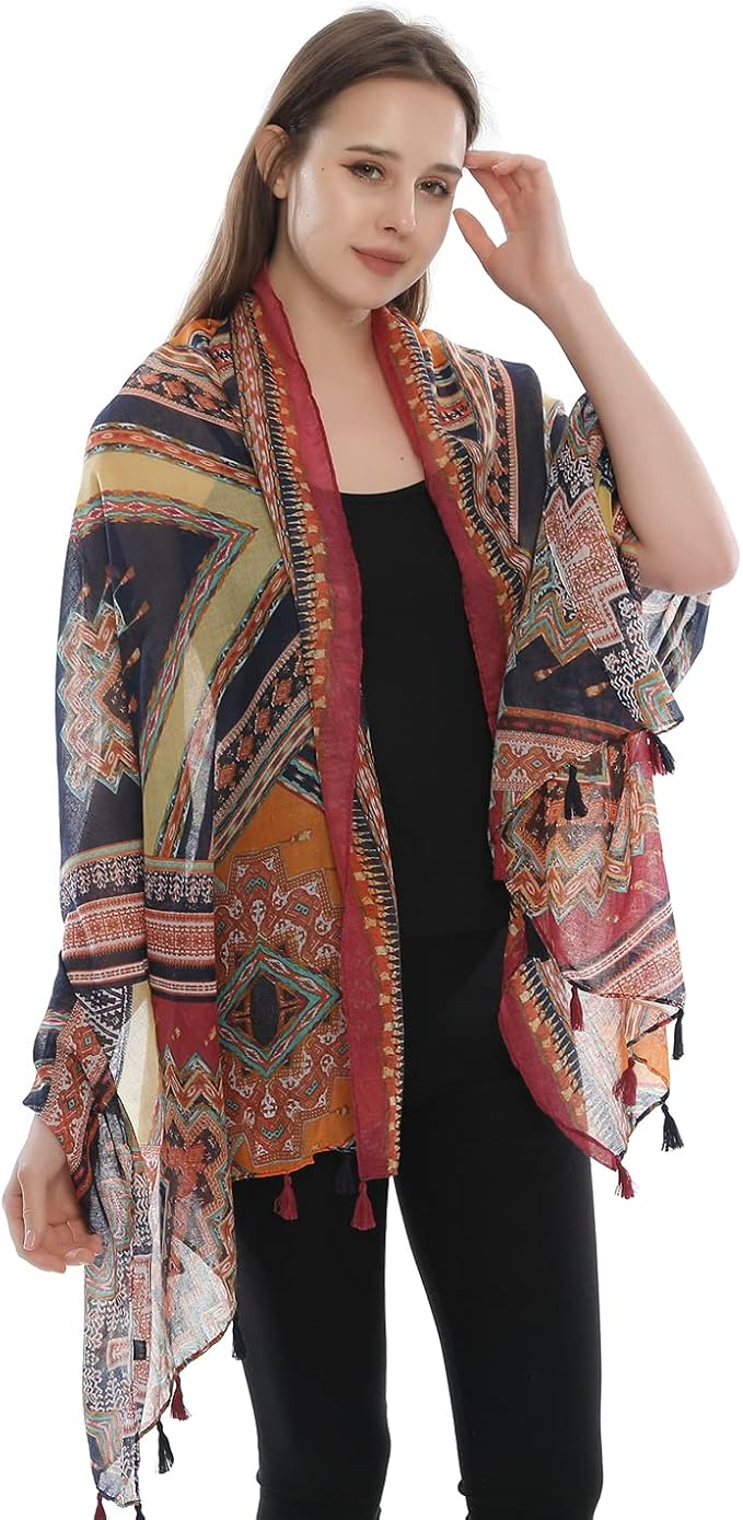 Yeieeo Boho Scarf for Women Lightweight Floral Printed Scarf Fall Winter Fashion Fringed Shawl