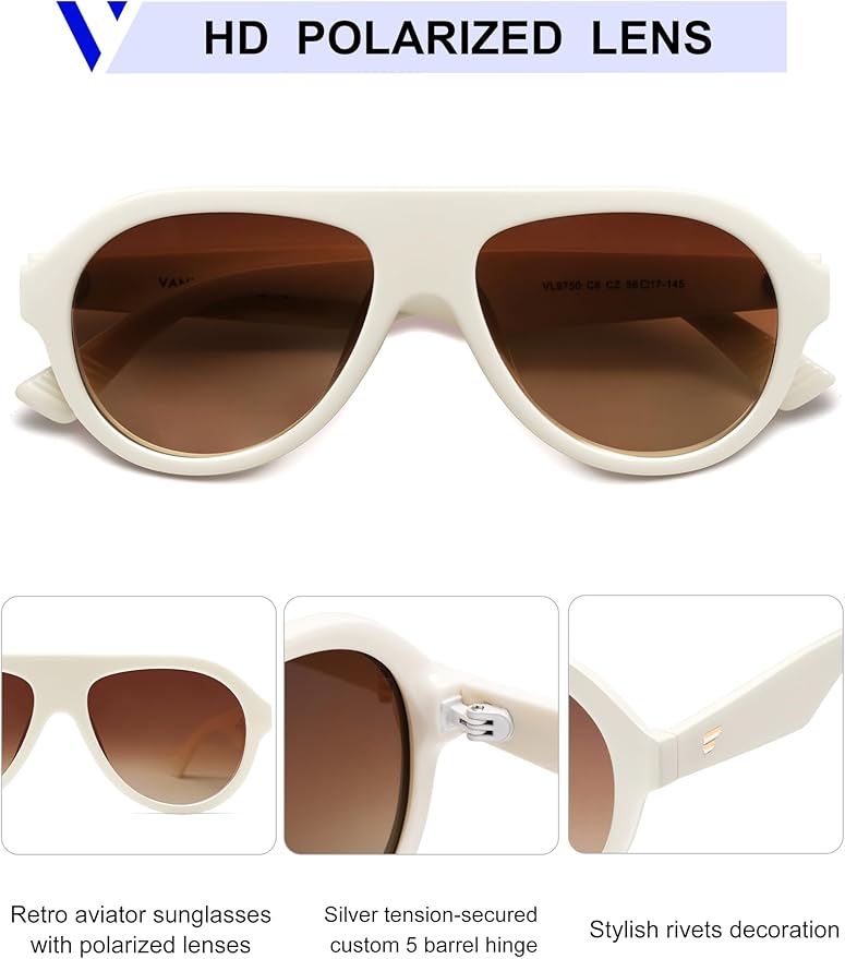 VANLINKER Retro Aviator Polarized Sunglasses for Men Women Trendy 70s Vintage Plastic Frame Sun Glasses VL9750