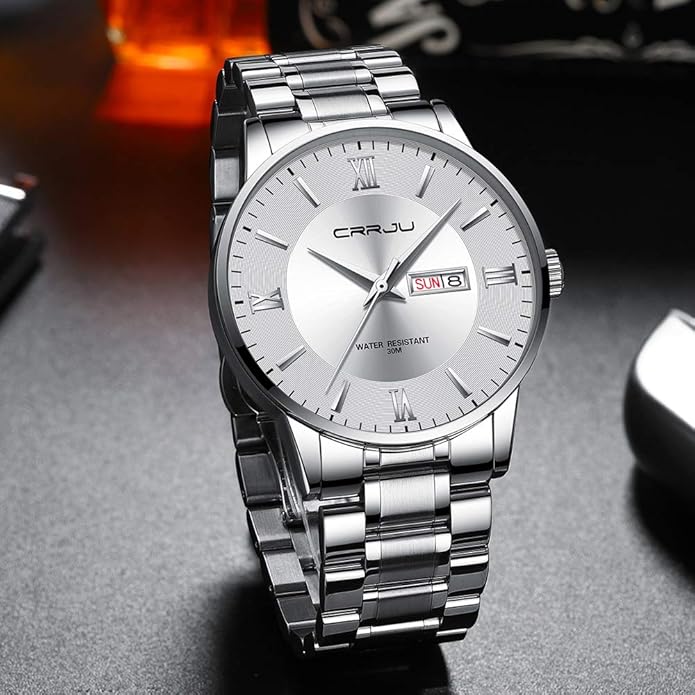 CRRJU Men's Fashion Luxury Stainless Steel Watches for Men Business Auto Date Chronograph Analog Quartz Wristwatches