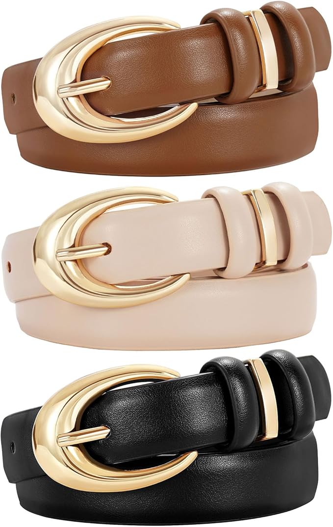 TRIWORKS 3 Pack Women Leather Belt for Jeans Pants Fashion Ladies Faux Leather Belt with Gold Buckle
