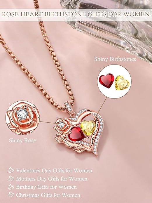 Rose Heart Necklaces for Women, Rose Gold Forever Love Jewelry with 2 Birthstones Pendant, Christmas Anniversarry Birthday Gifts for Her Wife Mom Grandma, 18+2 Inch Chain