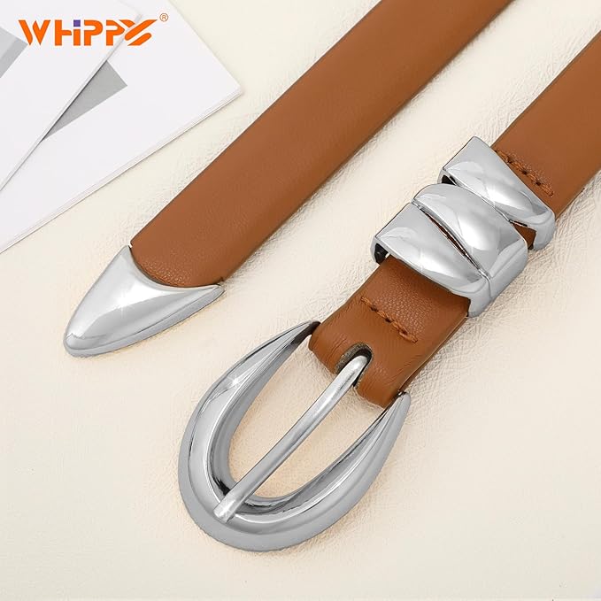 WHIPPY Women Skinny Leather Belt for Jeans Pants Dresses Ladies Fashion Waist Belt with Shiny Gold Buckle
