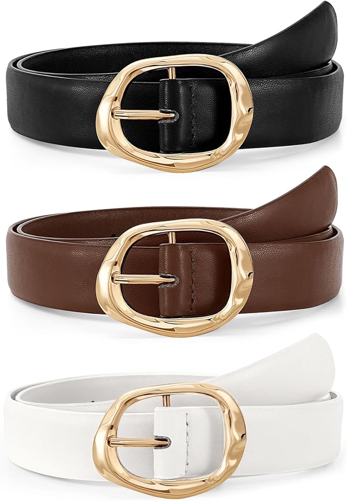 JASGOOD 3 Pack Women Belts for Jeans Pants Ladies Leather Waist Belt Casual Fashion Trend Belt for Women with Gold Buckle