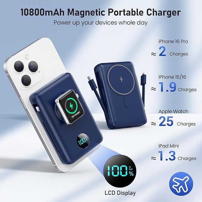 Magnetic Portable Charger for iPhone with Built-in Cables, 6-in-1 10800mAh Power Bank with iWatch Charger & LCD Display,25W Fast Charging Battery Pack for iPhone 17/16/15/14/13/12,Apple Watch (Blue)