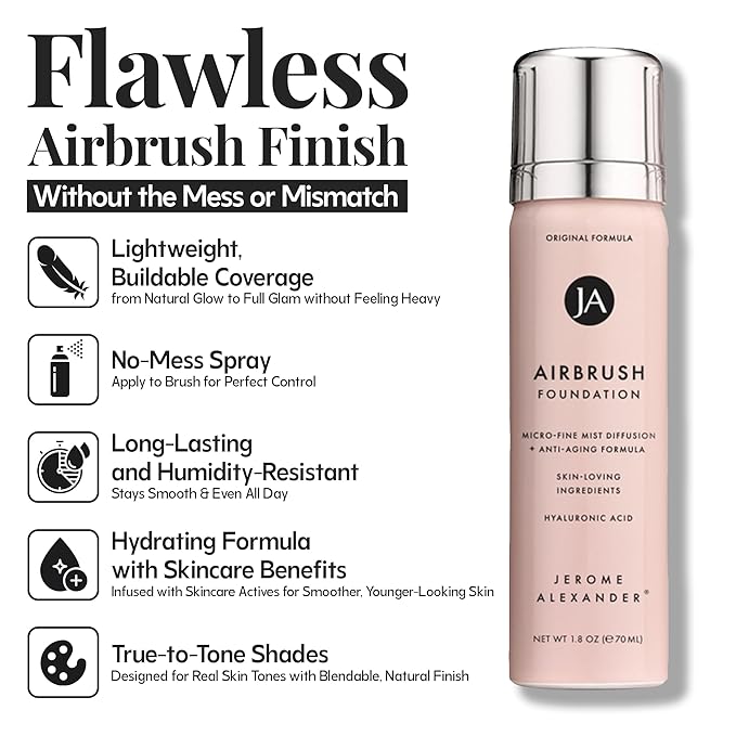 Jerome Alexander MagicMinerals AirBrush Foundation – 2 Piece Set with Airbrush Foundation and Kabuki Brush - Spray Makeup with Anti-aging Ingredients for Smooth Radiant Skin - Bright Medium