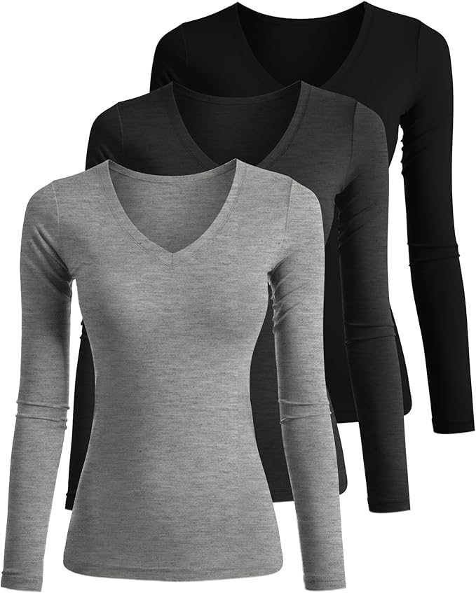 Ficerd 3 Pack Women's Long Sleeve Shirts, V Neck Basic Tees Slim Fitted Casual Fall Tops Going Out Blouses T Shirts