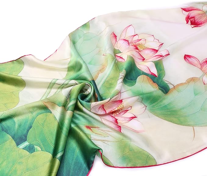 100% Mulberry Silk Scarfs for Women Floral Print Satin Long Scarf for Headscarf Hair Wraps Shawl with Gift Packed