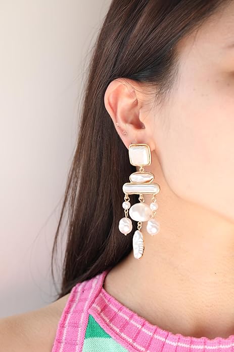 Statement Pearl Dangle Earrings,Gold and Large Pearl,Luxury Chandelier Organic Style Earrings