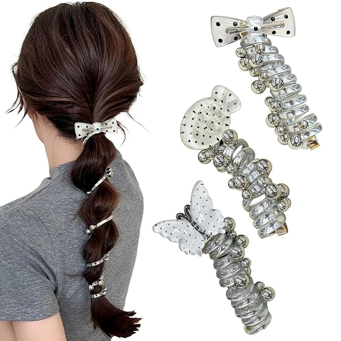 3PC Pearl Butterfly Telephone Wire Hair Ties – Spiral Elastic Bubble Ponytail Hair Bands for Women & Girls, No Damage, Soft & Stretchy Hair Accessories for High Ponytails and Braids(set-E)