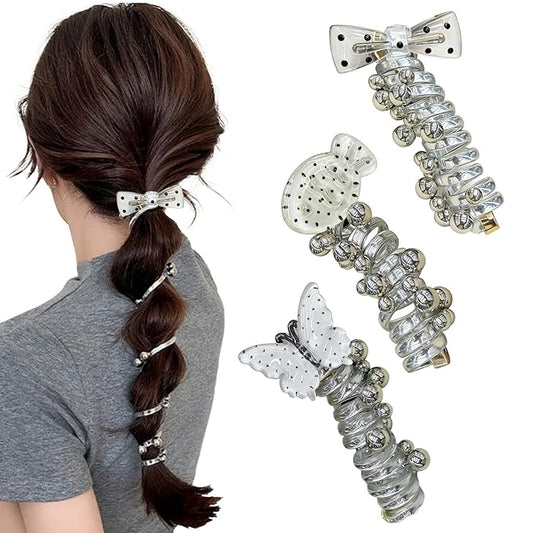 3PC Pearl Butterfly Telephone Wire Hair Ties – Spiral Elastic Bubble Ponytail Hair Bands for Women & Girls, No Damage, Soft & Stretchy Hair Accessories for High Ponytails and Braids(set-E)
