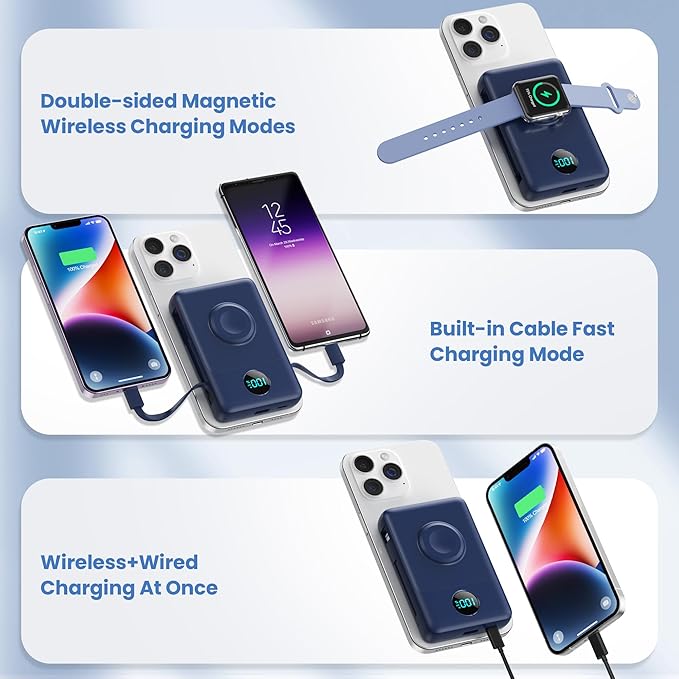 Magnetic Portable Charger for iPhone with Built-in Cables, 6-in-1 10800mAh Power Bank with iWatch Charger & LCD Display,25W Fast Charging Battery Pack for iPhone 17/16/15/14/13/12,Apple Watch (Blue)