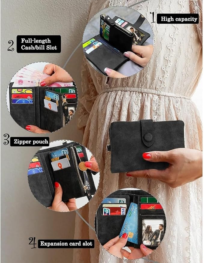 Women's Leather Wristlet Wallet, Bifold RFID Purse with ID Window, Zipper Coin Pocket for Daily Essentials (Black)