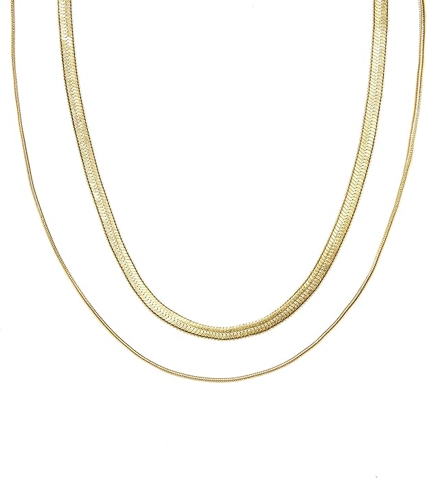 Shapes Studio 18K Gold Plated Double Herringbone Chain Necklace, Minimalist Jewelry, Stacking Necklaces, Gold Snake Chain Layering Necklace