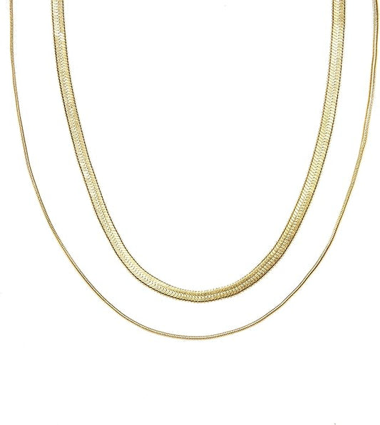 Shapes Studio 18K Gold Plated Double Herringbone Chain Necklace, Minimalist Jewelry, Stacking Necklaces, Gold Snake Chain Layering Necklace