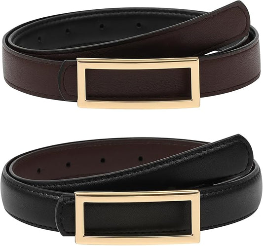 AWAYTR Women Reversible Leather Belt - Two-in-One Women Fashion Skinny Belt for Jeans with Golden Buckle