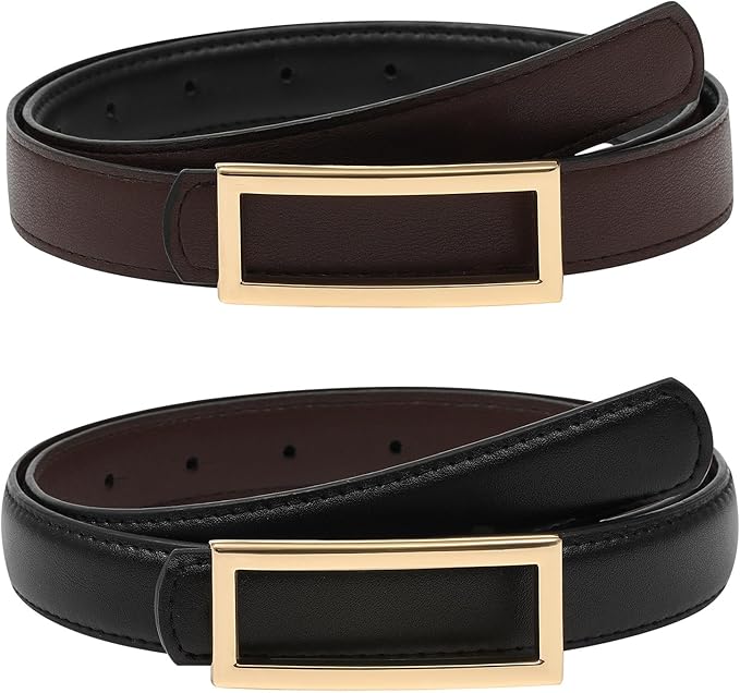 AWAYTR Women Reversible Leather Belt - Two-in-One Women Fashion Skinny Belt for Jeans with Golden Buckle