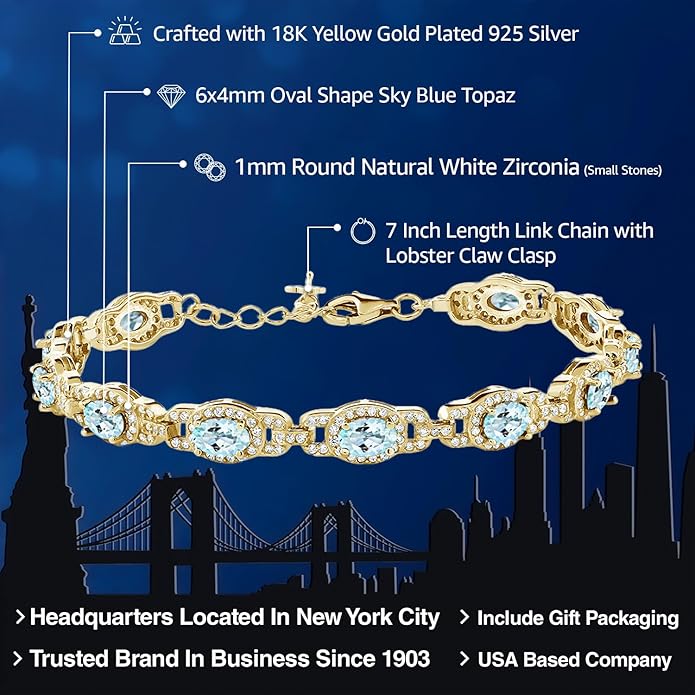 Gem Stone King 18K Yellow Gold Plated Silver Oval Gemstone Birthstone Tennis Bracelet For Women | Oval 6X4MM | 7 Inch With 1 Inch Extender | Fine Jewelry Gifts for Her Mom Women Wife