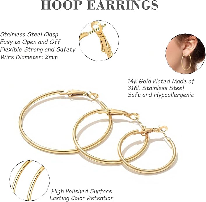 4/5/6 Pairs Stainless Steel 30/40/50/60/70 mm Silver 14K Gold Hoop Earrings for Women Hypoallergenic Big Thin Lightweight Dangle Set