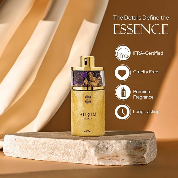 Ajmal Aurum Elixir Eau de Parfum for Women, 2.5 fl oz / 75 ml, Floral Fruity Gourmand Fragrance, Long Lasting Women’s Perfume, Made in Dubai