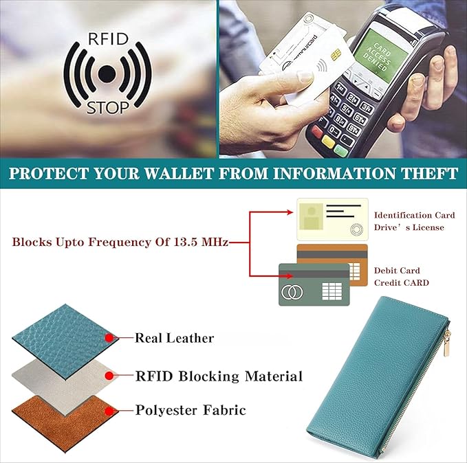 Slim Blue Wallet for Women, RFID Blocking Genuine Leather Bifold with Secure Zippered Coin Pocket (Blue)