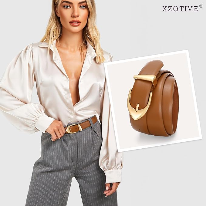 XZQTIVE Women's Leather Belts, Classic Minimalist Design For Jeans Pants Dresses, Black Belt With Gold Buckle