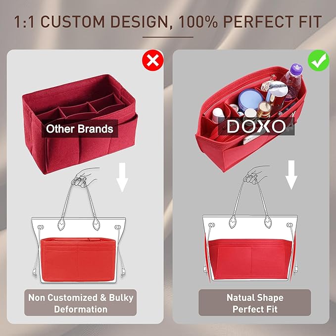 Doxo Purse Organizer Insert for Handbags & Base Shaper 2pc Set,Felt Organizer Insert Large Tote,Bag Organizer with Zipper 7 Sizes,Fit Speedy Neverfull MM/City33 and More(Red-L-Combination)