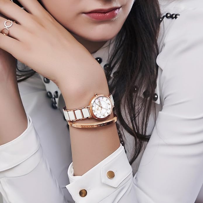 OLEVS Womens Ceramic Watch Luxury Shinning Diamond Rose Gold Watch for Women Analog Quartz Ladies Dress Watches Casual Waterproof Wrist Watches for Woman with Day Date Reloj para Mujer