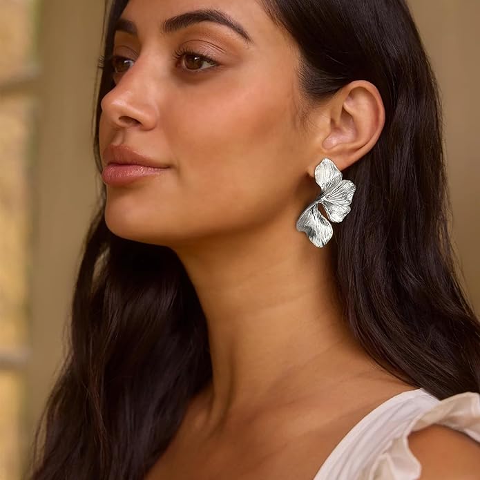 Gold Flower Statement Earrings for Women, 14K Gold Plated Large Irregular Leaf Floral, Big Chunky Dangle Earrings Set