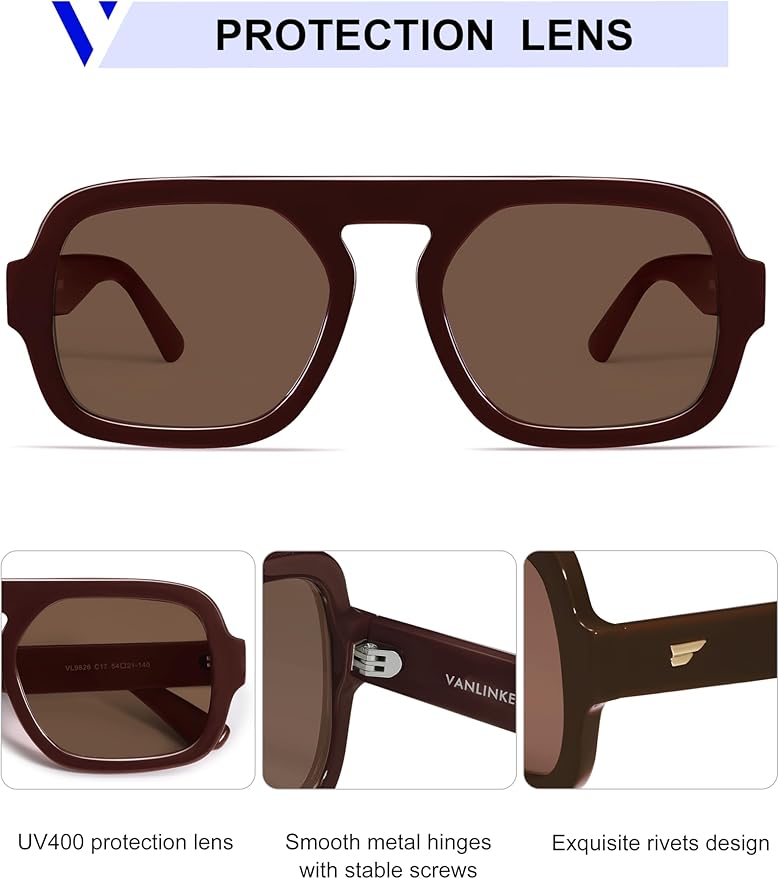 VANLINKER Oversized Retro Square Aviator Sunglasses for Women Men 70s Vintage Style Trendy Big Flat Top Sun Glasses VL9826