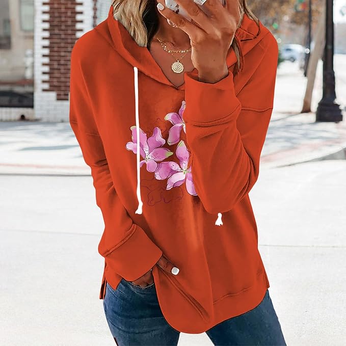 Women's Brick Red Hoodie Pullover Sweatshirt Cotton Blend Loose Fit Long Sleeve Fall Winter Top