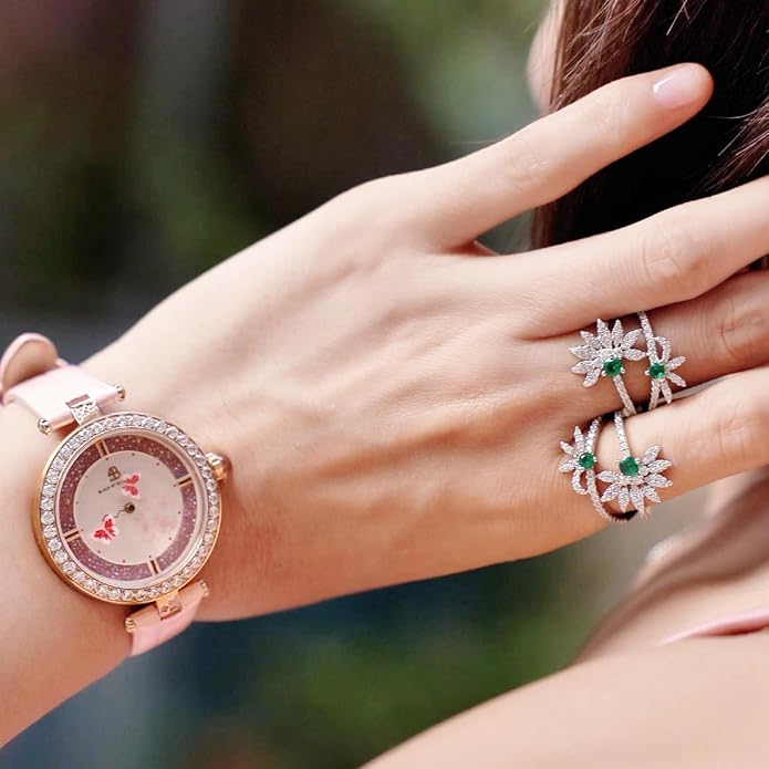 Women's Watch Butterfly Watches for Women Moving Butterflys Hands with Genuine Leather Strap Bee Watches for Women BLACK BY BLUE BRAVE Butterfly Lovers, Sapphire Crystal Glass combining Cubic Zirconia Stones and 3.5mm Synthetic Crystal Women's Wrist Watch