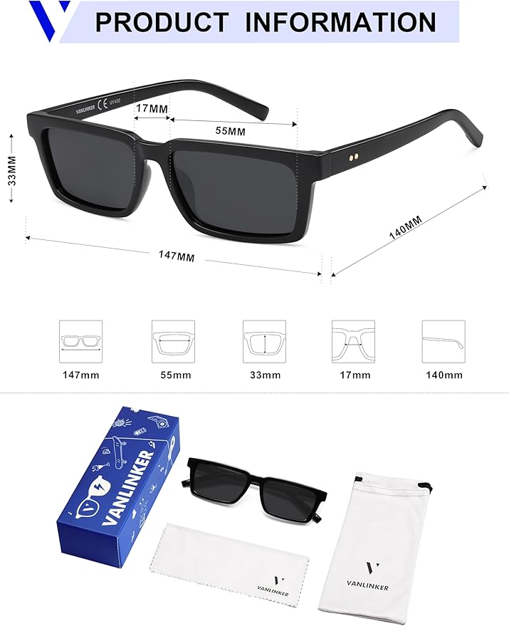VANLINKER Retro Rectangular Polarized Sunglasses for Women Men Trendy Small Chic 80s 90s Square Sun Glasses VL9877